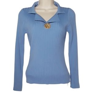 MASKED QUEEN Blue Ribbed Long Sleeve Marbelized Button Stretchy Small Top S NWT